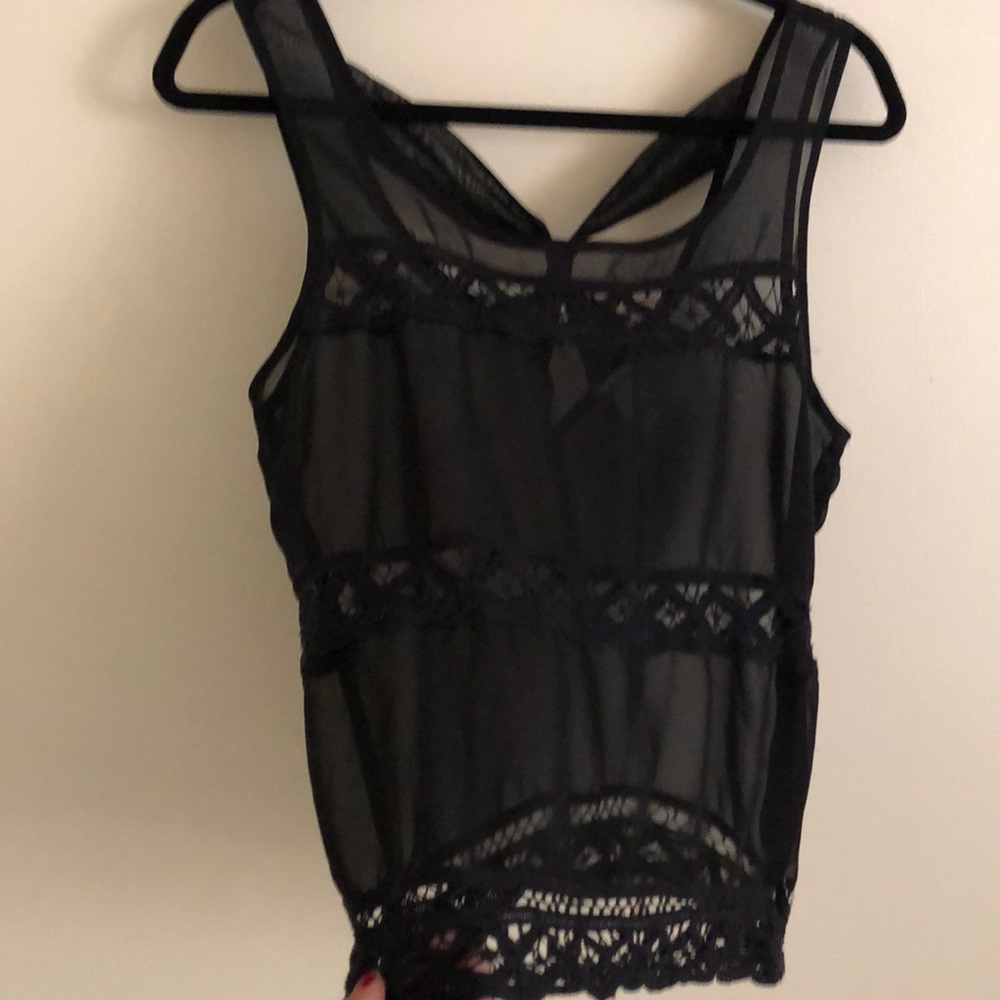 Sheer Black Silky Tank w/ Embroidery Details